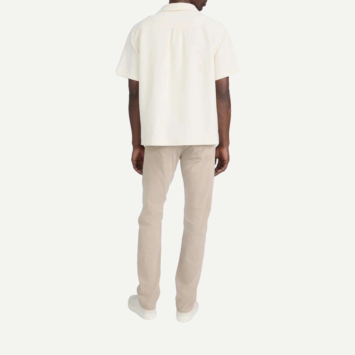 Cream Frame Denim Jacquard short-sleeve button-down shirt with intricate woven pattern, casual and stylish for warm weather.