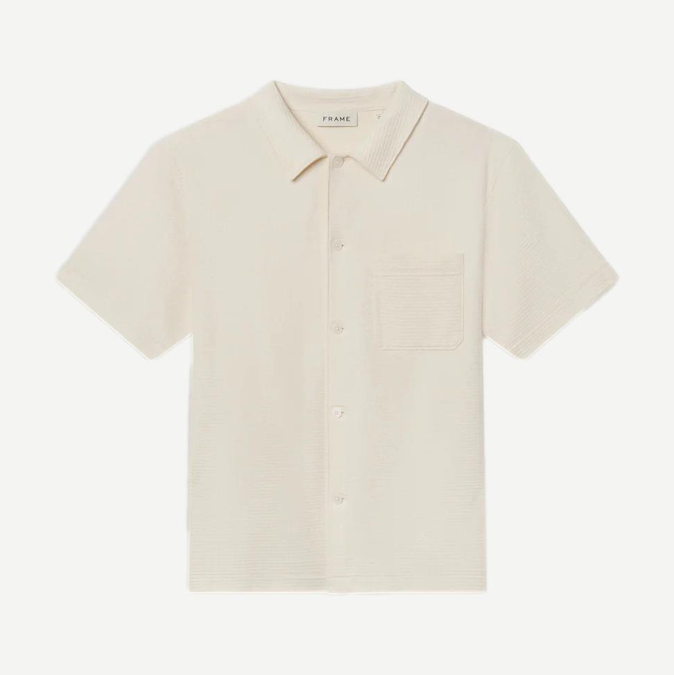 Cream Frame Denim Jacquard short-sleeve button-down shirt with intricate woven pattern, classic collar, and front buttons.