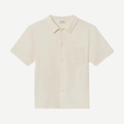 Cream Frame Denim Jacquard short-sleeve button-down shirt with intricate woven pattern, classic collar, and front buttons.