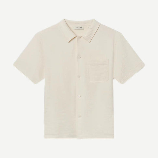 Cream Jacquard short-sleeve button-down shirt by Frame Denim, featuring intricate woven pattern and classic collar.