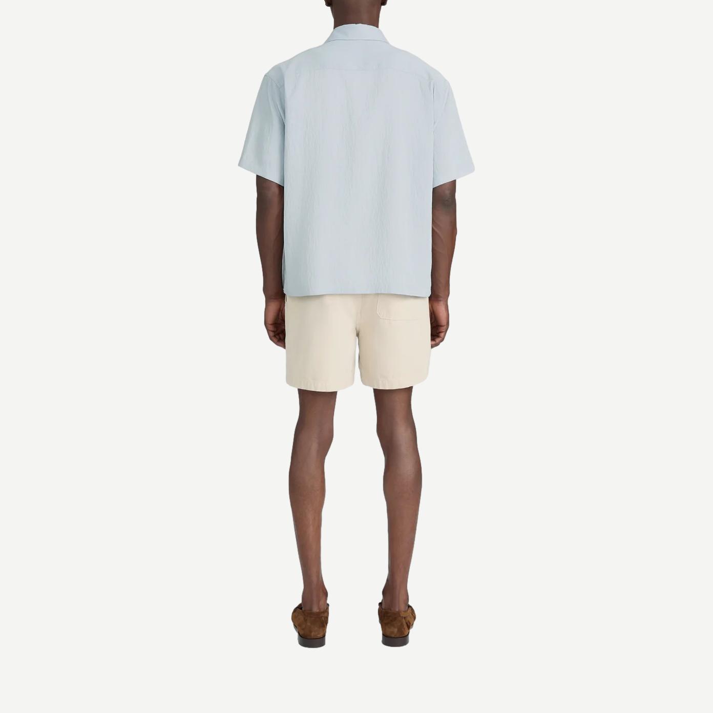 Frame Denim lightweight blue grey stripe short-sleeve button-up shirt displayed flat with collar and button placket.
