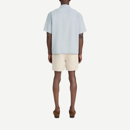 Frame Denim lightweight blue grey stripe short-sleeve button-up shirt displayed flat with collar and button placket.