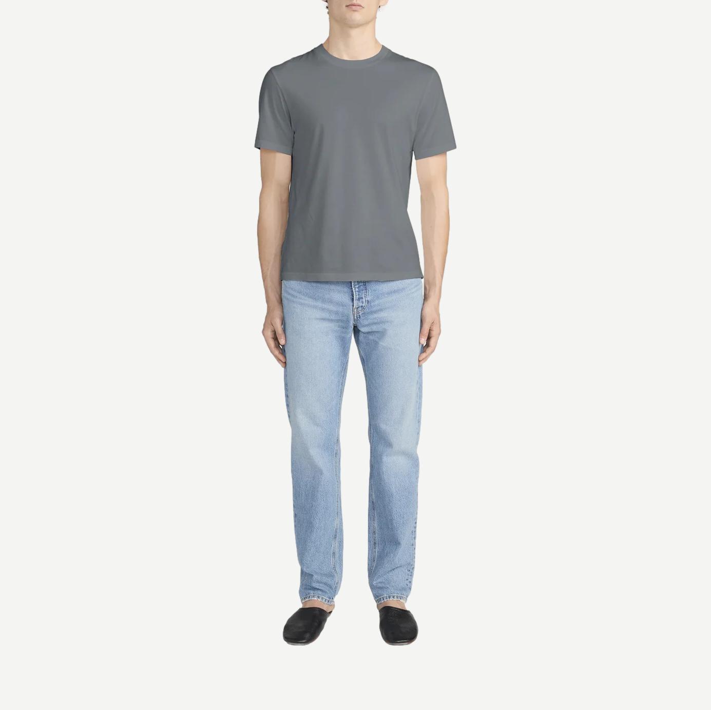 Light grey short-sleeve cotton T-shirt by Frame Denim with a classic fit and soft fabric, displayed on a white background.