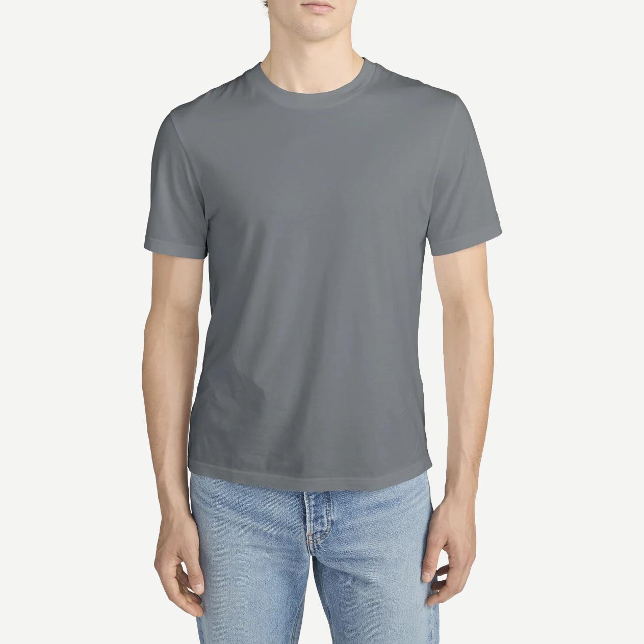 Light grey short-sleeve cotton T-shirt from Frame Denim, modern fit, casual style, displayed on a hanger.