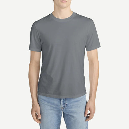 Light grey short-sleeve cotton T-shirt from Frame Denim, modern fit, casual style, displayed on a hanger.