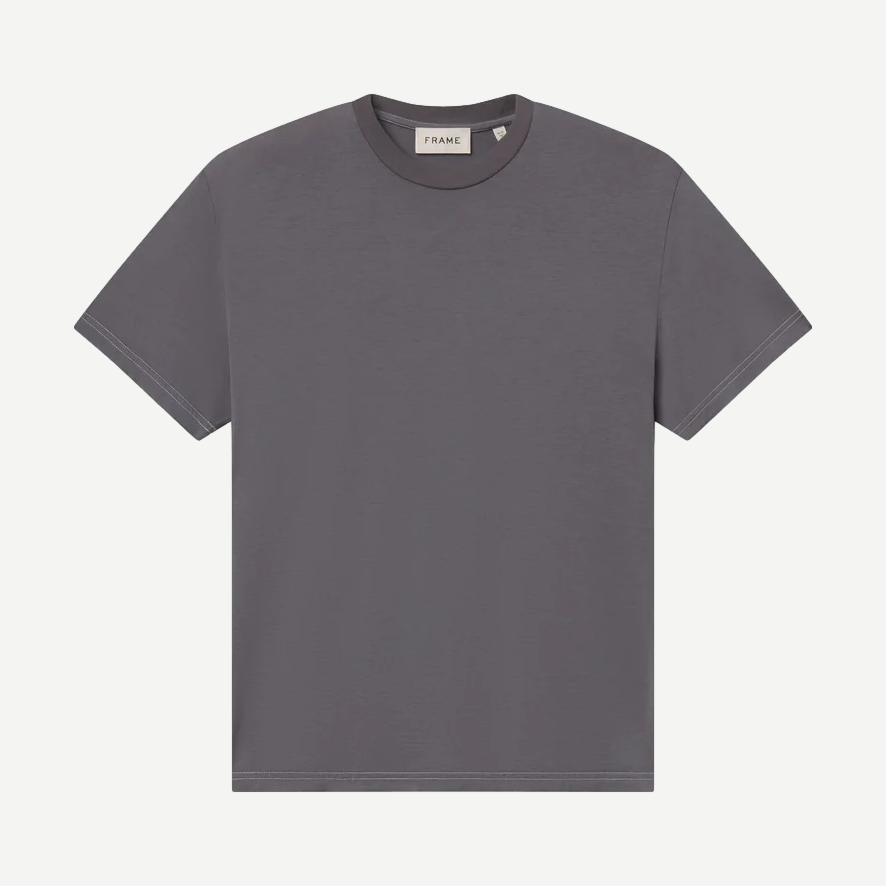 Light grey short-sleeve cotton T-shirt from Frame Denim, modern fit with clean design, displayed on a plain background.