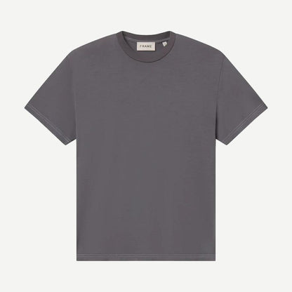 Light grey short-sleeve cotton T-shirt from Frame Denim, modern fit with clean design, displayed on a plain background.