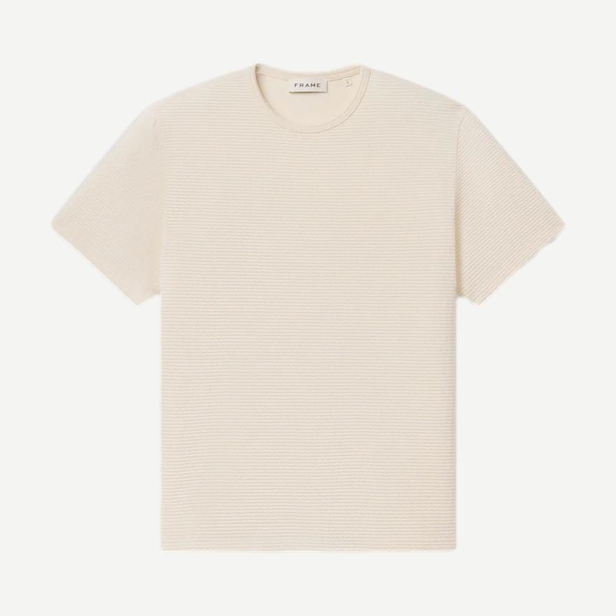 Cream Jacquard Stripe T-Shirt by Frame Denim, showcasing textured fabric and classic striped design on a casual tee.