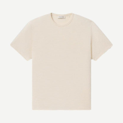 Cream Jacquard Stripe T-Shirt by Frame Denim, showcasing textured fabric and classic striped design on a casual tee.