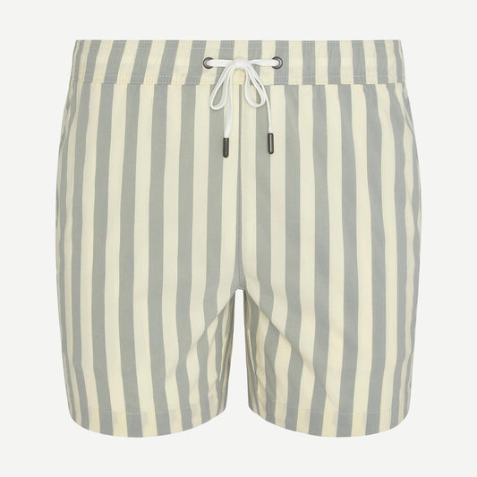 Onia Charles 5-inch swim trunks with macro sea glass and cream stripes, featuring a lightweight, quick-drying swimwear design.