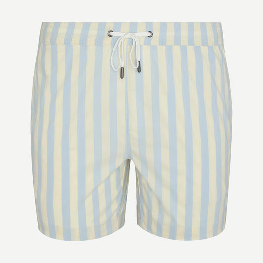 Onia Charles 5-inch swimshorts in sky and cream macro stripe pattern, lightweight swimwear with a comfortable fit.