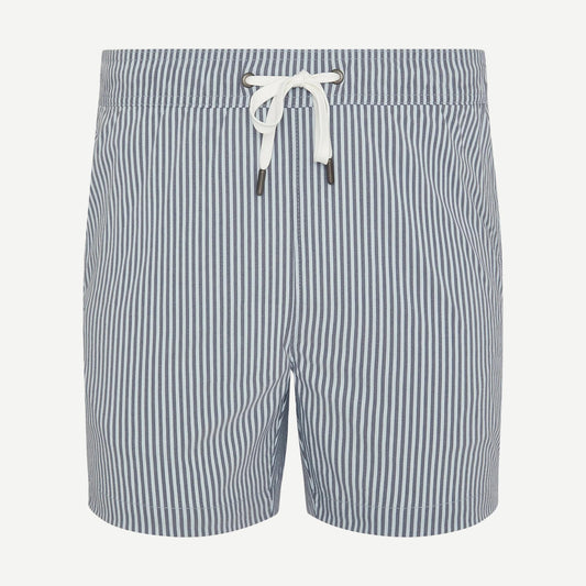 Onia Charles 5-inch swim trunks with blue and multi-tone stripe pattern, featuring tonal design and comfortable swimwear fit.