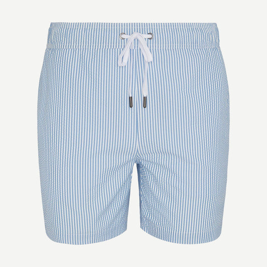 Onia Charles 5-inch seersucker swim trunk in surf and white, featuring a lightweight, textured fabric and drawstring waistband.