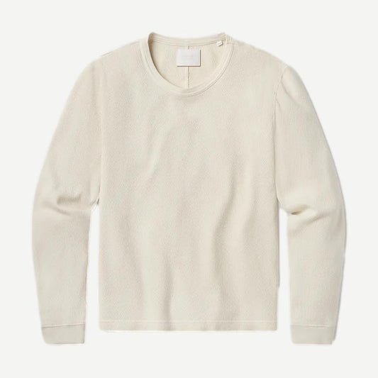 Citizens of Humanity waffle crewneck shirt in plaster color, close-up view showing textured knit fabric and crewneck design.