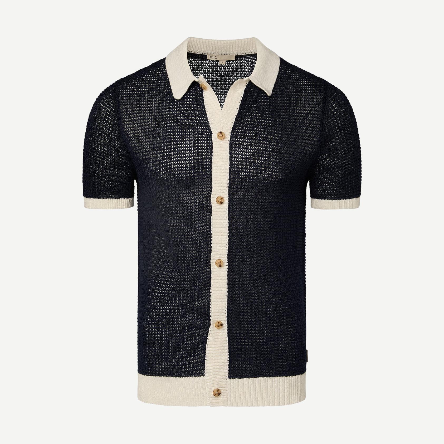 Linen SS Button Up Sweater - Deep Navy/White - Galvanic.co
