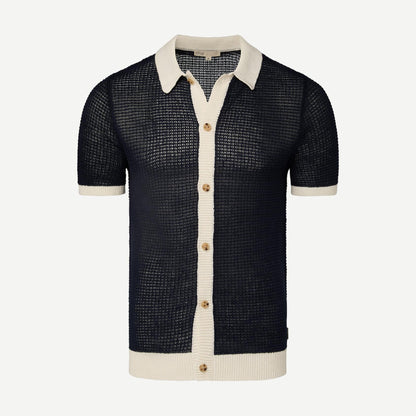 Linen SS Button Up Sweater - Deep Navy/White - Galvanic.co
