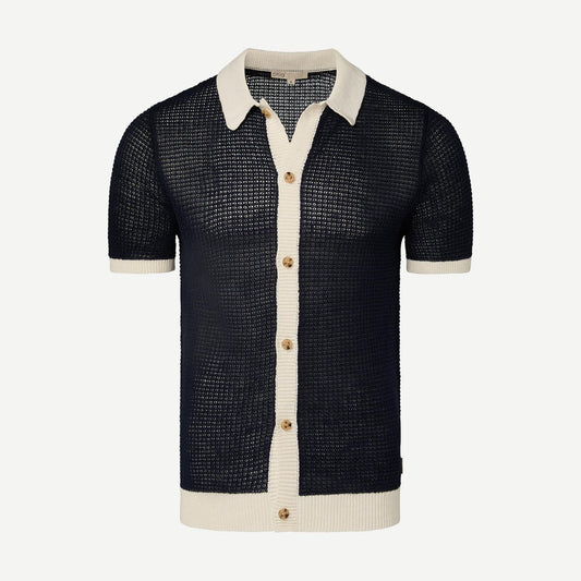 Linen SS Button Up Sweater - Deep Navy/White - Galvanic.co