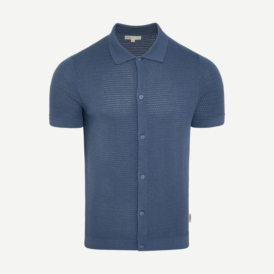 Onia Drop Needle Button Up shirt in Mist color, featuring a lightweight fabric and classic collar, shown on a person.