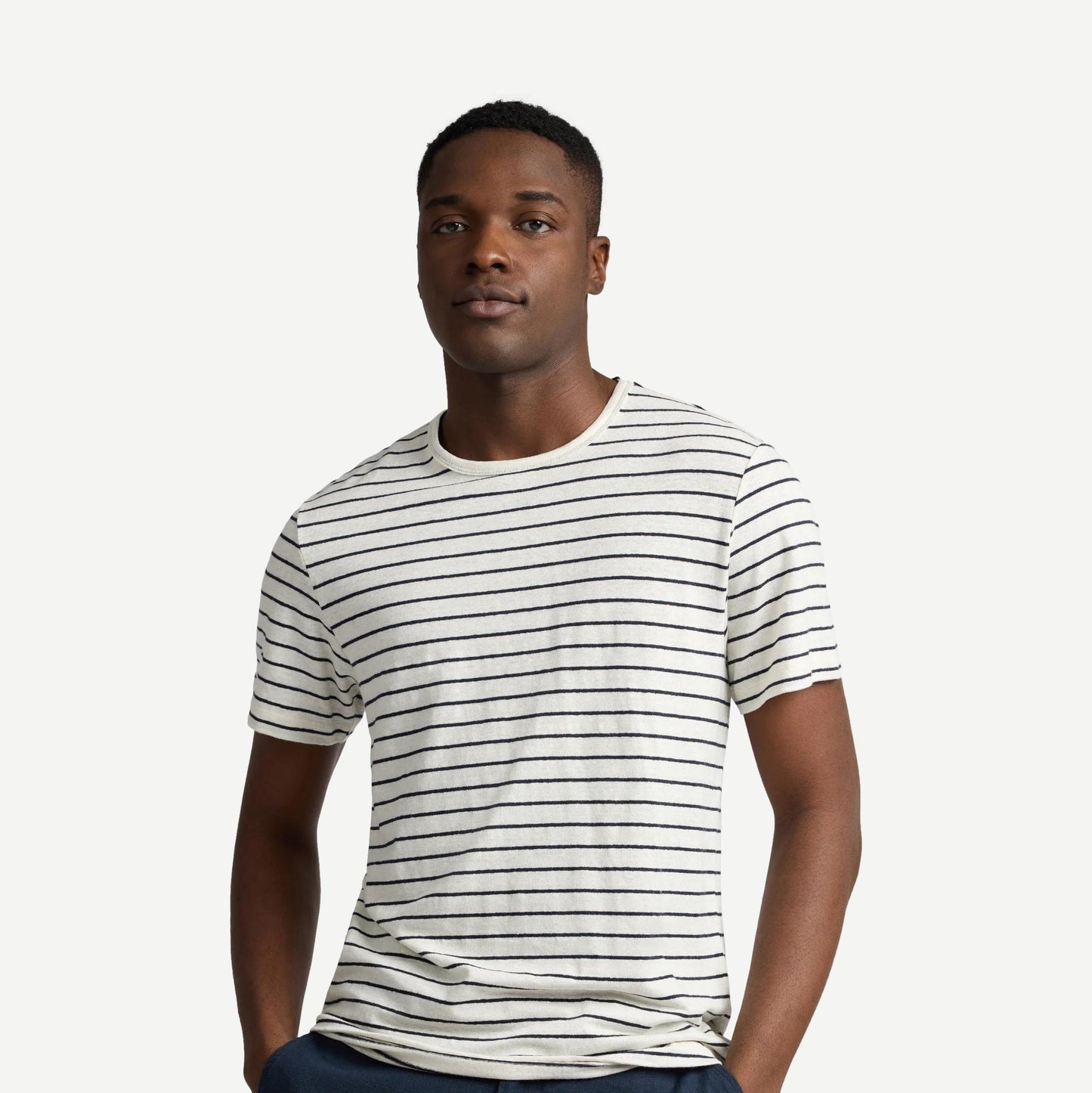 Stretch Linen Crewneck SS Tee - Midnight/Egret - Galvanic.co