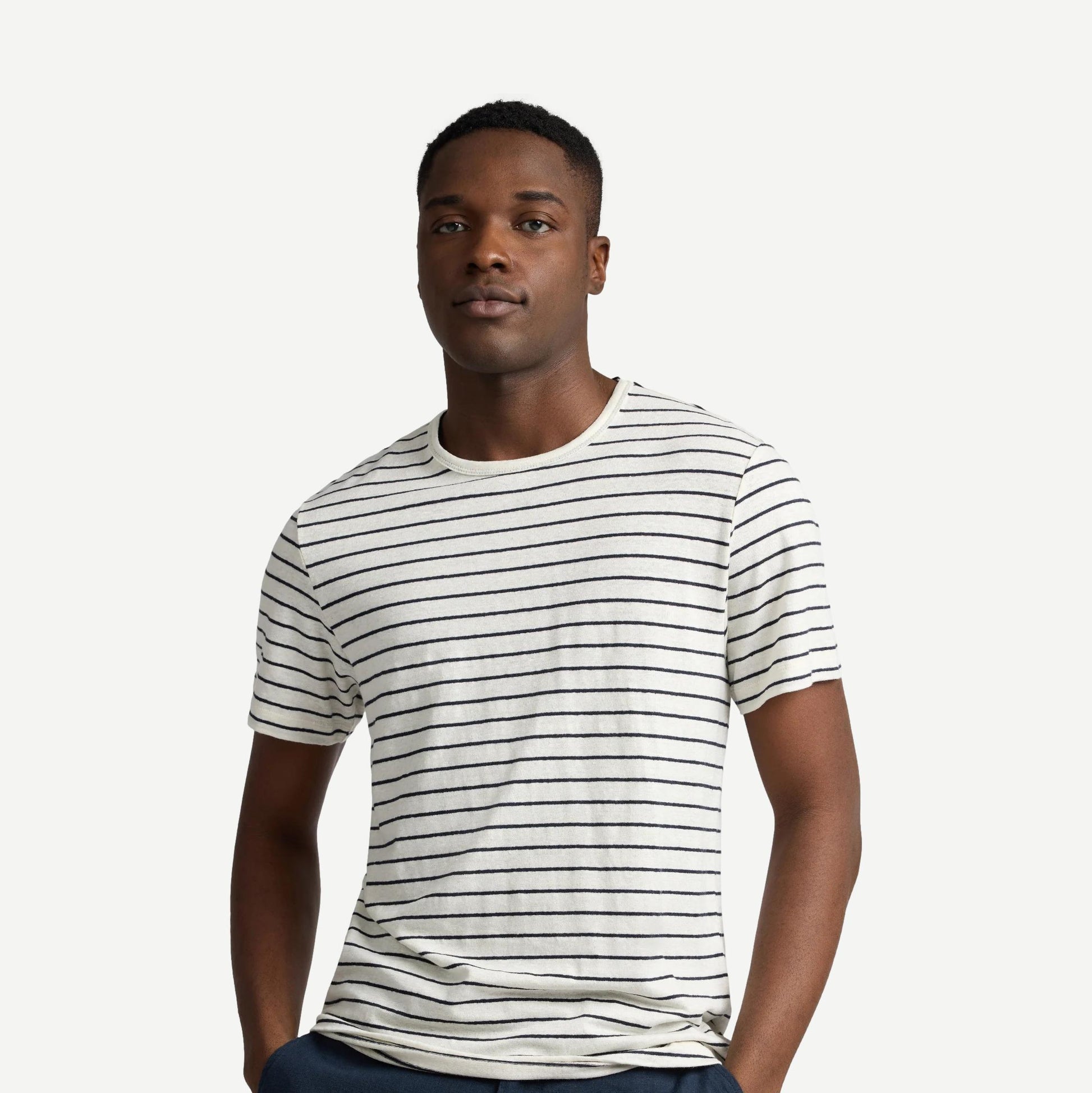 Stretch Linen Crewneck SS Tee - Midnight/Egret - Galvanic.co