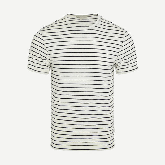 Onia Stretch Linen Crewneck SS Tee in Midnight and Egret, showing the lightweight, breathable fabric and classic crewneck design.