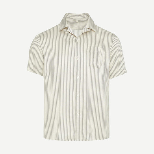 Onia convertible vacation shirt in black and ivory stripes, showcasing a stylish, lightweight men's shirt with rolled-up sleeves.