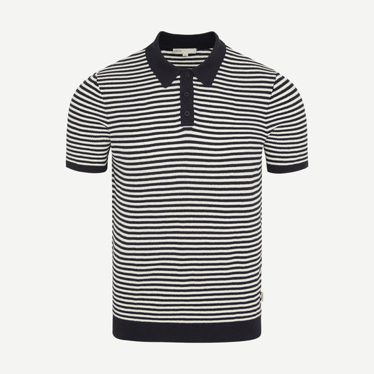 Cotton textured knit polo shirt by Onia in midnight and egret colors, featuring a classic collar and short sleeves.