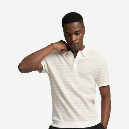 Cotton Textured Knit Polo - Pinstripe Stone/Egret - Galvanic.co