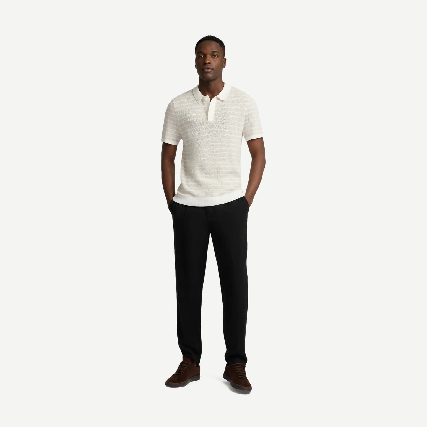 Cotton Textured Knit Polo - Pinstripe Stone/Egret - Galvanic.co