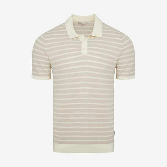 Onia cotton textured knit polo shirt with pinstripe pattern in stone and egret colors, featuring a classic polo collar and short sleeves.