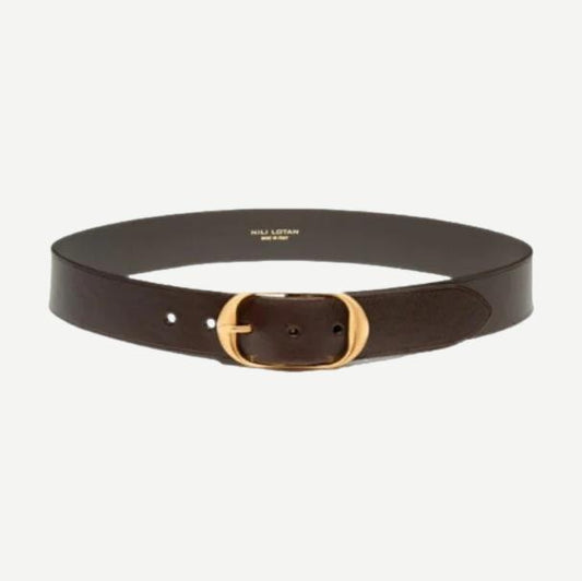Nili Belt in vintage brown leather with antique brass buckle, stylish accessory by Nili Lotan.
