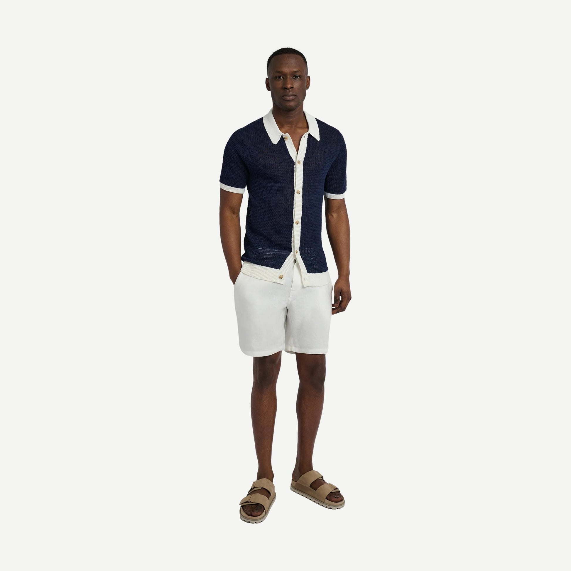 Linen SS Button Up Sweater - Deep Navy/White - Galvanic.co
