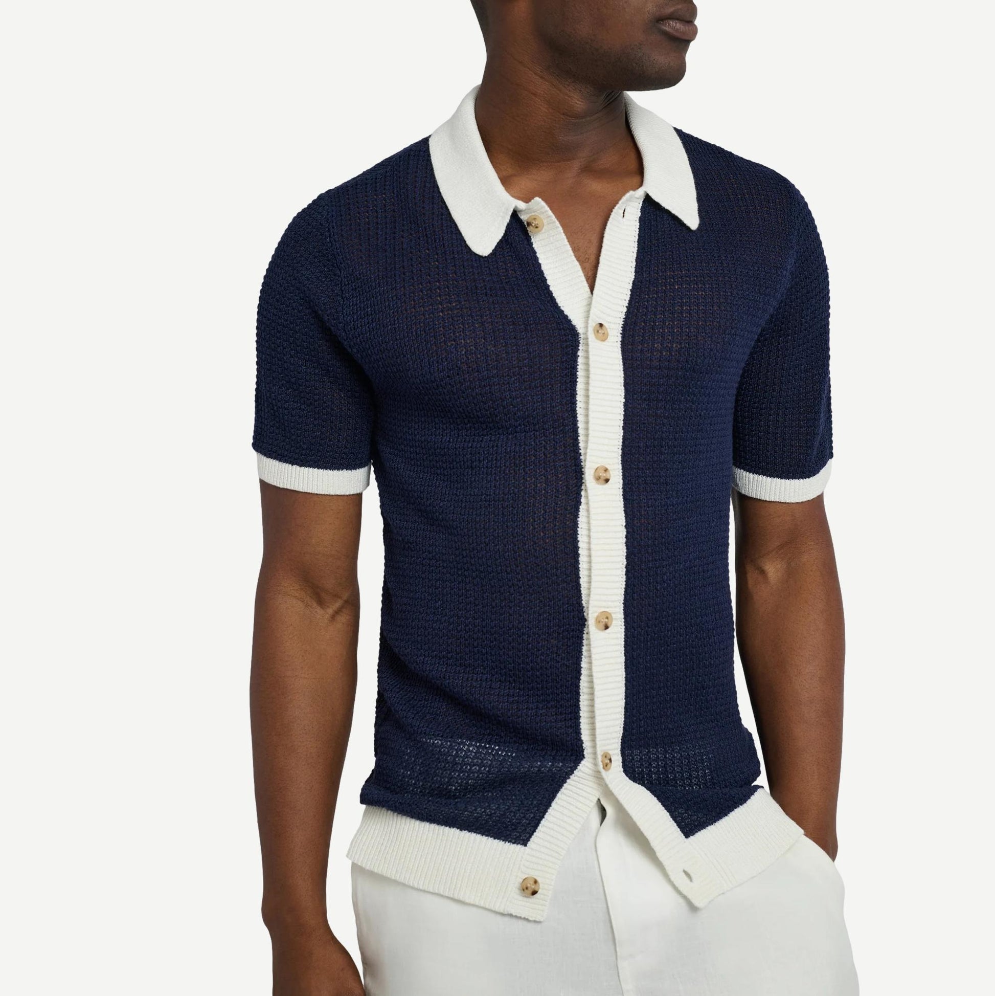 Linen SS Button Up Sweater - Deep Navy/White - Galvanic.co
