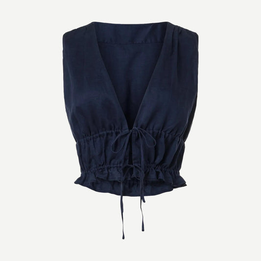 Deep navy tie front top by Onia featuring a stylish knot detail and long sleeves, perfect for casual or chic outfits.