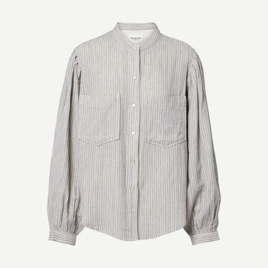 Isabel Marant Selvia Blue Shirt with long sleeves and a relaxed fit, displayed on a hanger.