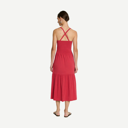 Nation LTD Penelope Cross Back Midi Dress in Heartbeat Red, featuring a stylish design with a cross-back detail.