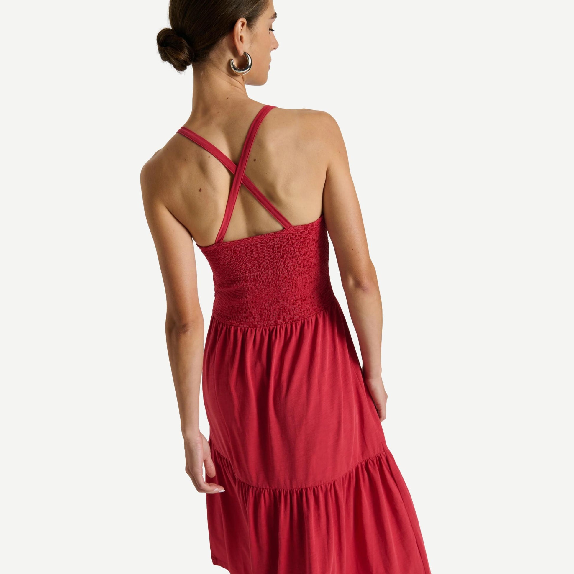 Nation LTD Penelope Cross Back Midi Dress in Heartbeat Red, featuring a stylish cross-back design and midi length.