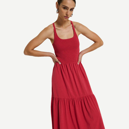 Nation LTD Penelope Cross Back Midi Dress in Heartbeat Red, featuring a cross-back design and midi length.