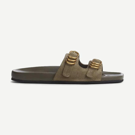 Olive suede Rue slide footwear by Rag and Bone, featuring a sleek slip-on design with a cushioned sole.