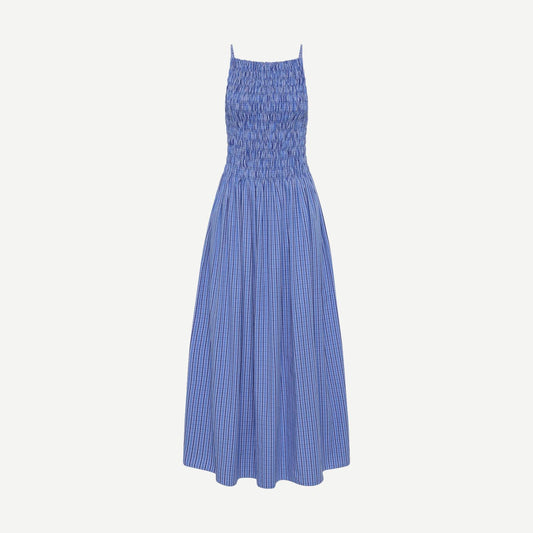 Faithfull The Brand Laia Maxi Dress in Sotto fabric, featuring a flowing silhouette with intricate pattern details.