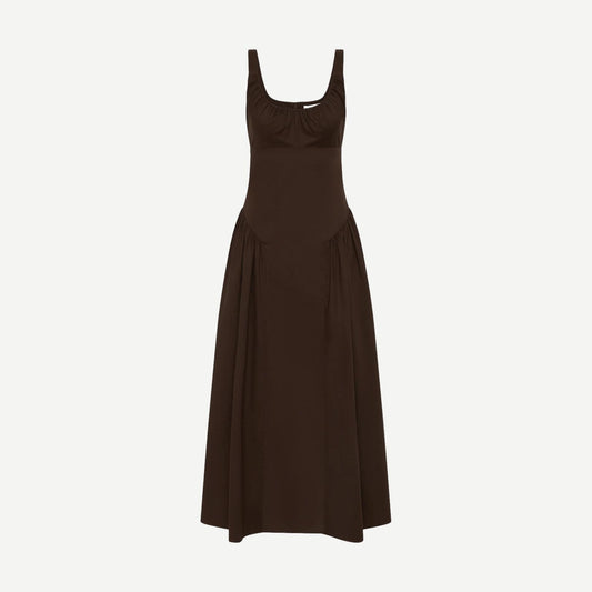 Faithfull The Brand Marcella Midi Dress in espresso, featuring a stylish, flowing design with a sleeveless silhouette and feminine details.