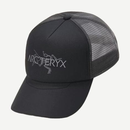 Black and cloud-colored Arcteryx Bird Word Trucker Hat with front panel and adjustable strap.