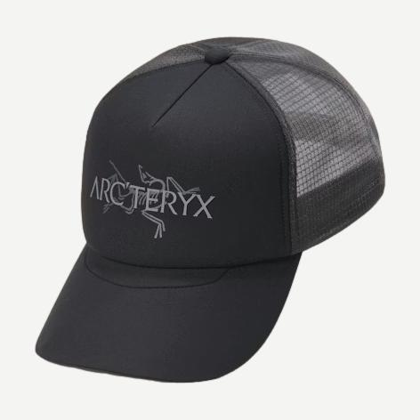 Black and cloud-colored Arcteryx Bird Word Trucker Hat with a curved brim and mesh back for breathable comfort.