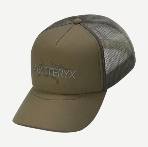 Arcteryx Bird Word Trucker Hat in Tatsu and Forage colors, front view showing the logo and mesh back design.