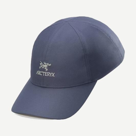 Arcteryx Bird Word Cap in DK Stratus and Habitat with front view showing embroidered logo and casual hat style