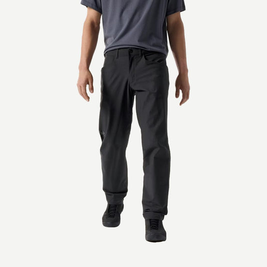 Black Arcteryx Kragg Cotton Pant front view showing slim fit and durable fabric for casual or outdoor wear.