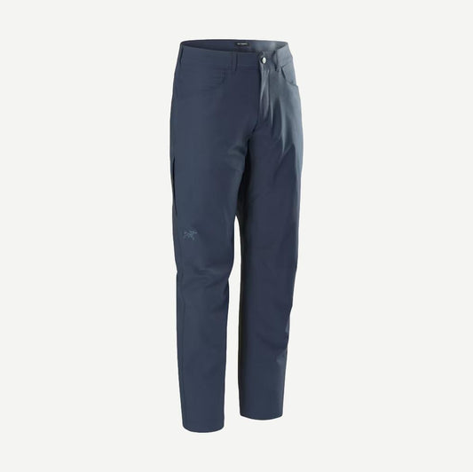 Arcteryx Kragg Pant in Black Sapphire, casual cotton pants with a relaxed fit and functional design, shown on a model.