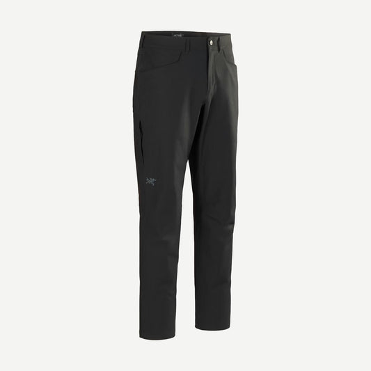 Black Arcteryx Kragg pant made of cotton, shown on a model with a relaxed fit and casual style.