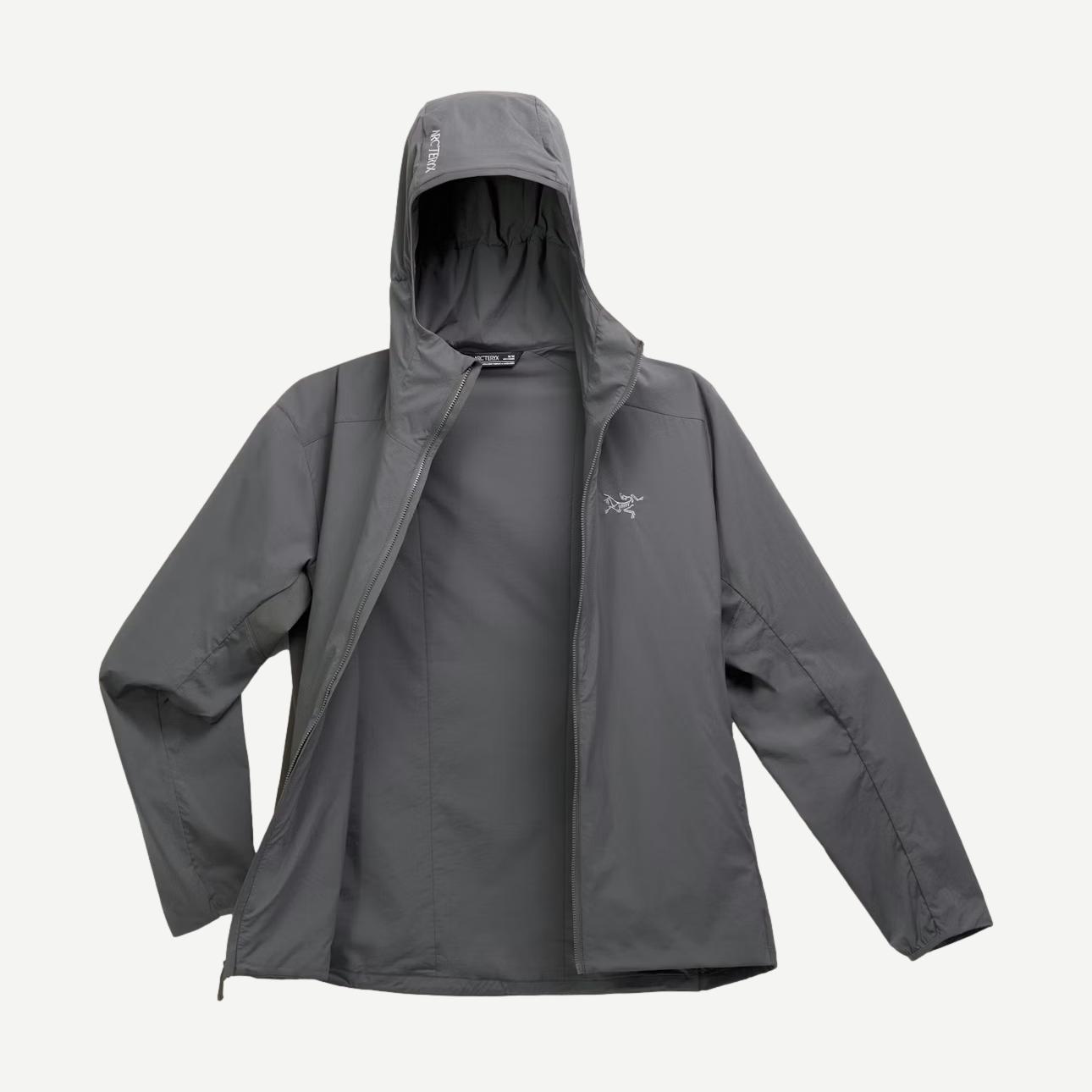 Arcteryx Atom SL Hoody M in Cloud, lightweight jacket with a sleek design, visible hood and full zipper, suitable for outdoor activities.