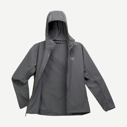 Arcteryx Atom SL Hoody M in Cloud, lightweight jacket with a sleek design, visible hood and full zipper, suitable for outdoor activities.